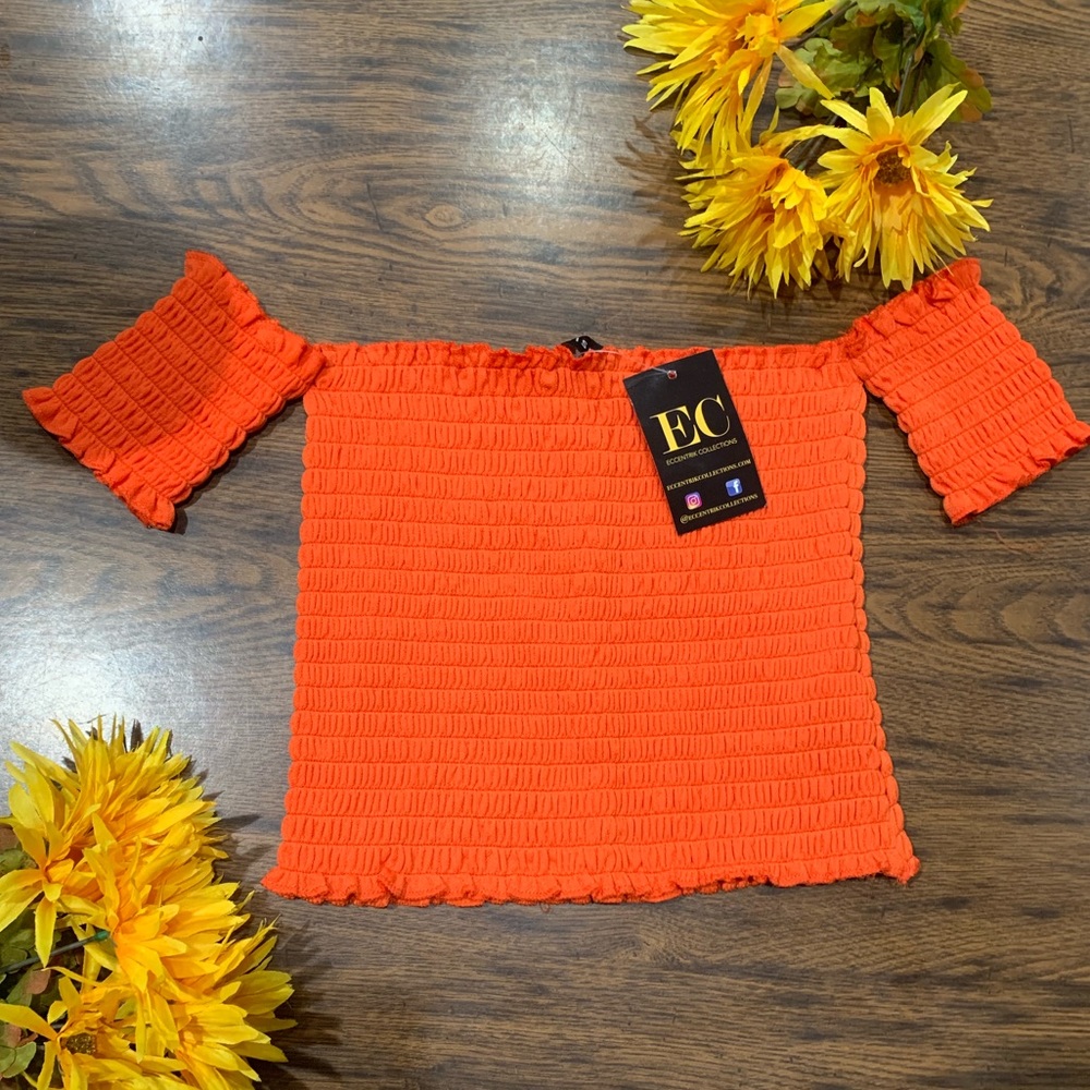 Orange Smocked Off The Shoulder Crop Top